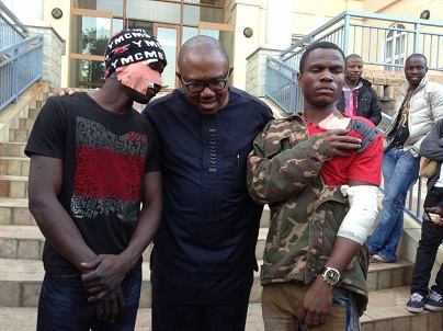 Former Governor of Anambra State, Peter Obi flanked by two victims of xenophobic attack at the Nigerian Consulate in Johannesburg, South-Africa.