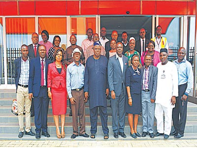 Managing director/CEO, SAHCOL, Dr. Olu Owolabi (5th left), chairman, Airfreight Stakeholders Forum, Toyin Olufade (5th right), with other members of the forum and SAHCOL management staff during the facility tour of the Forum at the company’s ultra modern cargo warehouse at its headquarters, MMIA, Ikeja, Lagos…recently