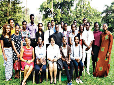 The student with Nigeria National Council Committee members – Executive Secretary Mrs. Yvonne Ebi (sitting from left); Mrs. Peterside Taba and National Selection Committee chair Prof. Isabella Okabue after the recent orientation… in Lagos