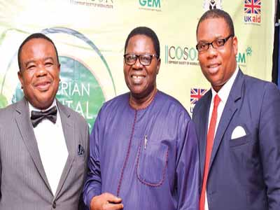 Chairman of COSON, Chief Tony Okoroji (left); veteran musician and juju exponent, Chief Ebenezer Obey and GM of COSON, Chinedu Chukwuji at the summit
