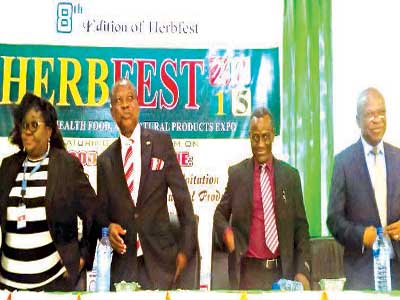 Chairman Bioresources Development Group (BDG) and Intercedd Health Products (IHP), Prof. Maurice Iwu (right); Professor of Pharmacognosy at Obafemi Awolowo University Ile Ife, Osun State, and Chief Pharmacist at Village Pharmacy, Prof. Anthony Elujoba; Former Chairman Neimeth Pharmaceuticals, Mazi Sam Ohuabunwa; and Director General Federal Institute of Industrial Research (FIIRO) Oshodi, Lagos, Dr. Gloria Elemo, on Tuesday, at the opening ceremony of the 8th Edition of Herbfest- a Health Food and Natural Products Expo at the Raw Material Research and Development Centre (RMRDC) Abuja