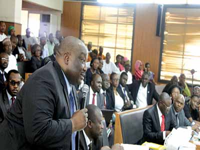 Saraki’s lawyer, J. B Daudu at the tribunal. (Inset), Saraki