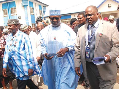 Transport Minister, Rotimi Amaechi, (right) Minister of State for Transport, Senator Hadi Sirika and members of their entourage being conducted round facilities at the Murtala Muhammed Airport during their familiarization tour of the airport in Ikeja, Lagos.