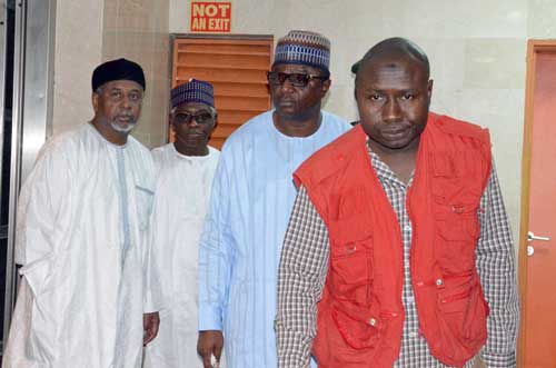 Former National Security Adviser, Col. Sambo Dasuki (rtd) (left); ex-director of Nigerian National Petroleum Corporation (NNPC), Alhaji Aminu Babakusa and Director of Finance and Administration of the Office of the National Security Adviser, Alhaji Shuaibu Salisu at the Abuja High Court …yesterday. PHOTO: LADIDI LUCY ELUKPO. 