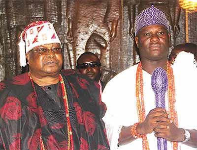 Oba Sikiru Kayode Adetona, the Awujale of Ijebuland (left) and Oba Adeyeye Enitan Ogunwusi, Ooni of Ife, during Ooni’s royal visit to the monarch in Ijebu-Ode... yesterday PHOTO: MUSILIMU AREMU