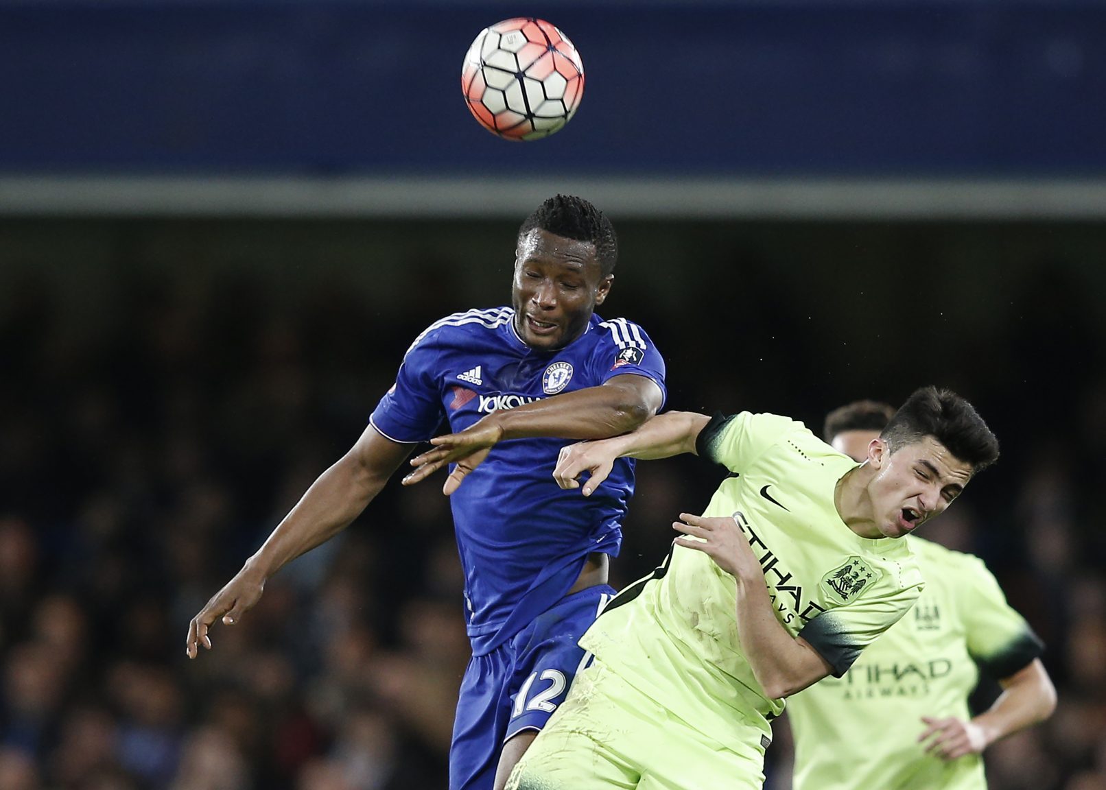 Chelsea's Nigerian midfielder John Obi Mikel (L) vies with Manchester City's Spanish midfielder Manuel Garcia Alonso during the English FA Cup fifth round football match between Chelsea and Manchester City at Stamford Bridge in London on February 21, 2016. / AFP / ADRIAN DENNIS / RESTRICTED TO EDITORIAL USE. No use with unauthorized audio, video, data, fixture lists, club/league logos or 'live' services. Online in-match use limited to 75 images, no video emulation. No use in betting, games or single club/league/player publications. /
