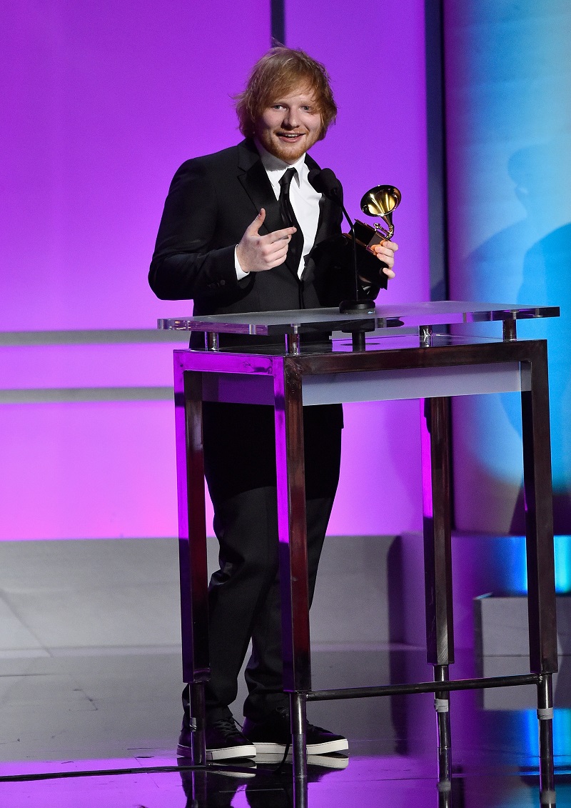 LOS ANGELES, CA - FEBRUARY 15: Singer-songwriter Ed Sheeran accepts the Grammy Award for Best Pop Solo Performance, for "Thinking Out Loud," onstage during the GRAMMY Pre-Telecast at The 58th GRAMMY Awards at Microsoft Theater on February 15, 2016 in Los Angeles, California. Kevork Djansezian/Getty Images/AFP