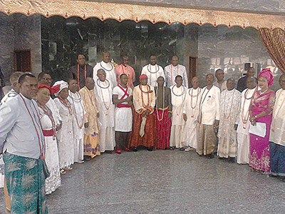 The Olu of Warri, His Majesty Ogiame Ikenwoli (middle) with the Olu-in-council members