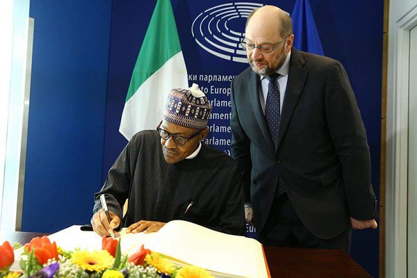 President Buhari at a bilateral meeting with the President of the EU Parliament, Mr Martin Schulz in Strasbourg on February 3, 2016 