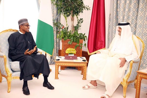 President Buhari meets with the Emir of the State of Qatar, Sheikh Tamim bin Hamad Al Thani in Doha on February 28, 2016