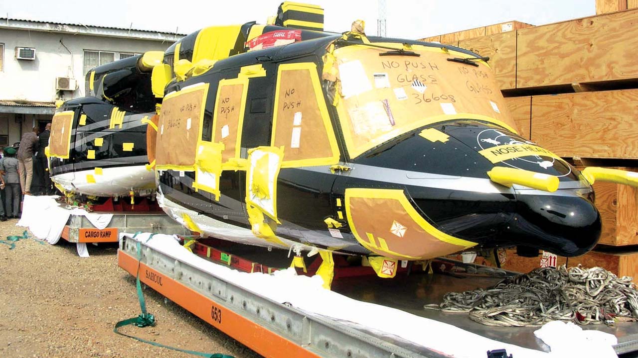 Bell security helicopters and accessories intercepted by Nigerian Customs Service, Muritala Muhammed Airport Command in Lagos ... yesterday.     					                PHOTO: NAN