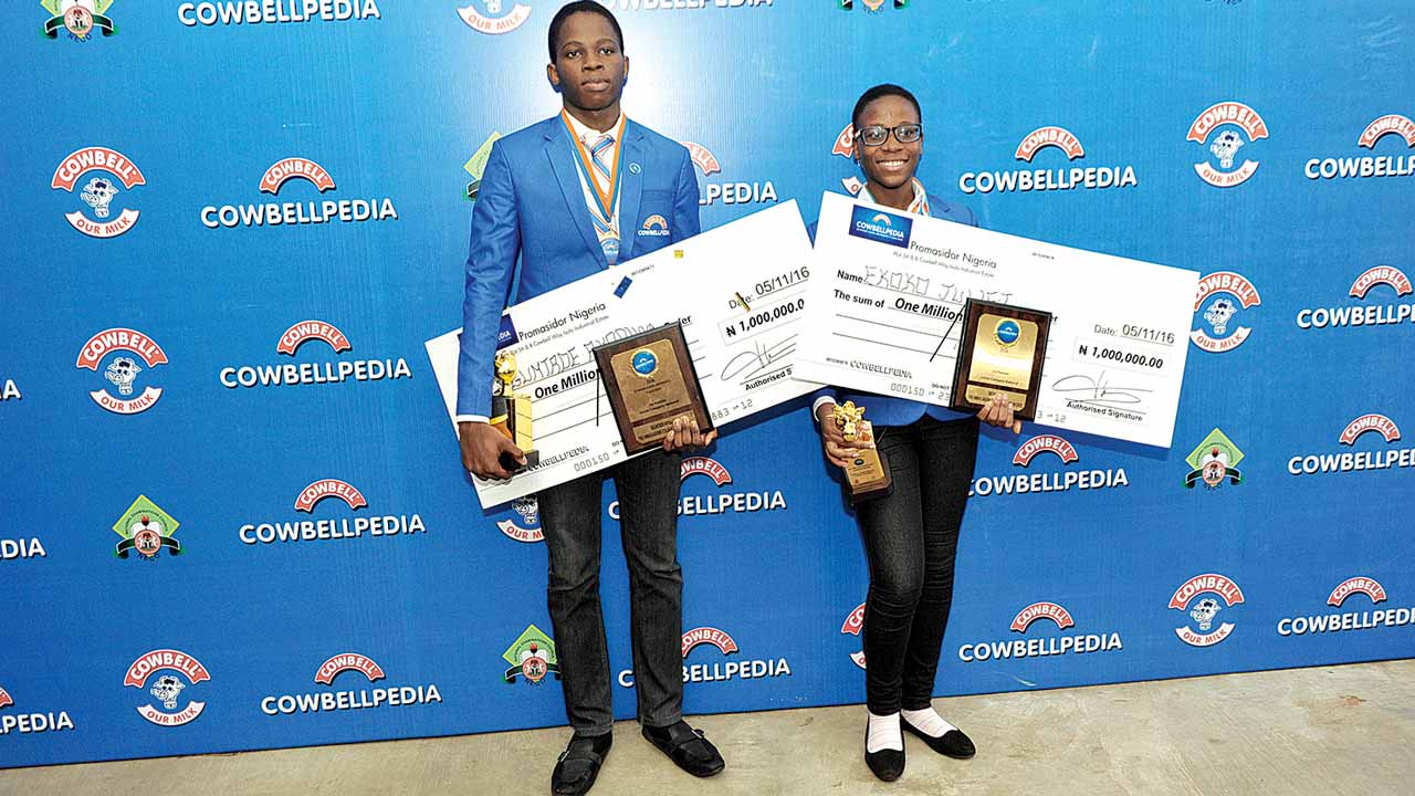 Oguntade Ayooluwa (left) and Juliet Ekoko both from The Ambassadors College, winners of the Cowbellpedia secondary school mathematics TV quiz, senior and junior categories respectively. 
