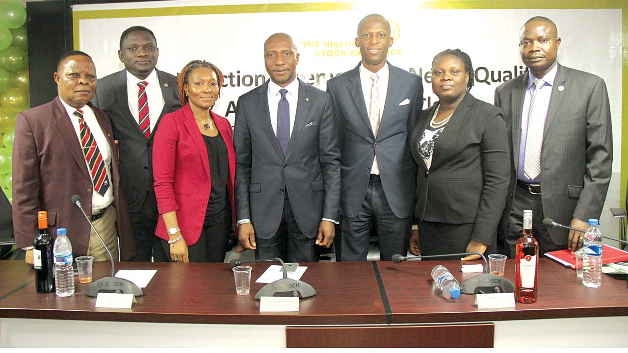 Doyen of Stockbrokers, Willie Sam Ndata (left);President, Chartered Institute of Stockbrokers (CIS), Olunseyi Abe; Acting Head, Corporate Services Division, Pai Gamde;  Chief Executive Officer, Nigerian Stock Exchange (NSE), Oscar N. Onyema; Executive Director, Market Operation and Technology, NSE, Ade Bajomo; Head, Council Secretariat/Council Secretary, NSE, Mojisola Adeola; and Head, Securities and Exchange Commission (SEC), Lagos Zonal Office, Steven Falomo, at the Induction Ceremony for Newly Qualified Authorised Dealing Clerks at the NSE on Friday.