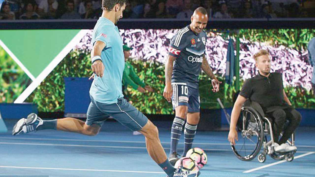 Tennis star, Novak Djokovic playing football as he hosts an event in Australia ahead of the Open