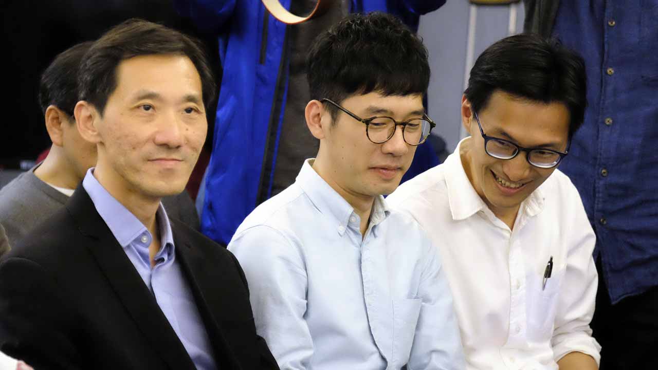 (L-R) Hong Kong politicians Edward Yiu, Nathan Law and Eddie Chu attend a political forum hosted by Taiwan's grassroot New Power Party (NPP) in Taipei on January 7, 2017. Hong Kong pro-democracy activist Joshua Wong along with activists-turned-legislators Nathan Law, Eddie Chu, and Edward Yiu are attending a political forum hosted by Taiwan's grassroot New Power Party (NPP) in Taipei. 