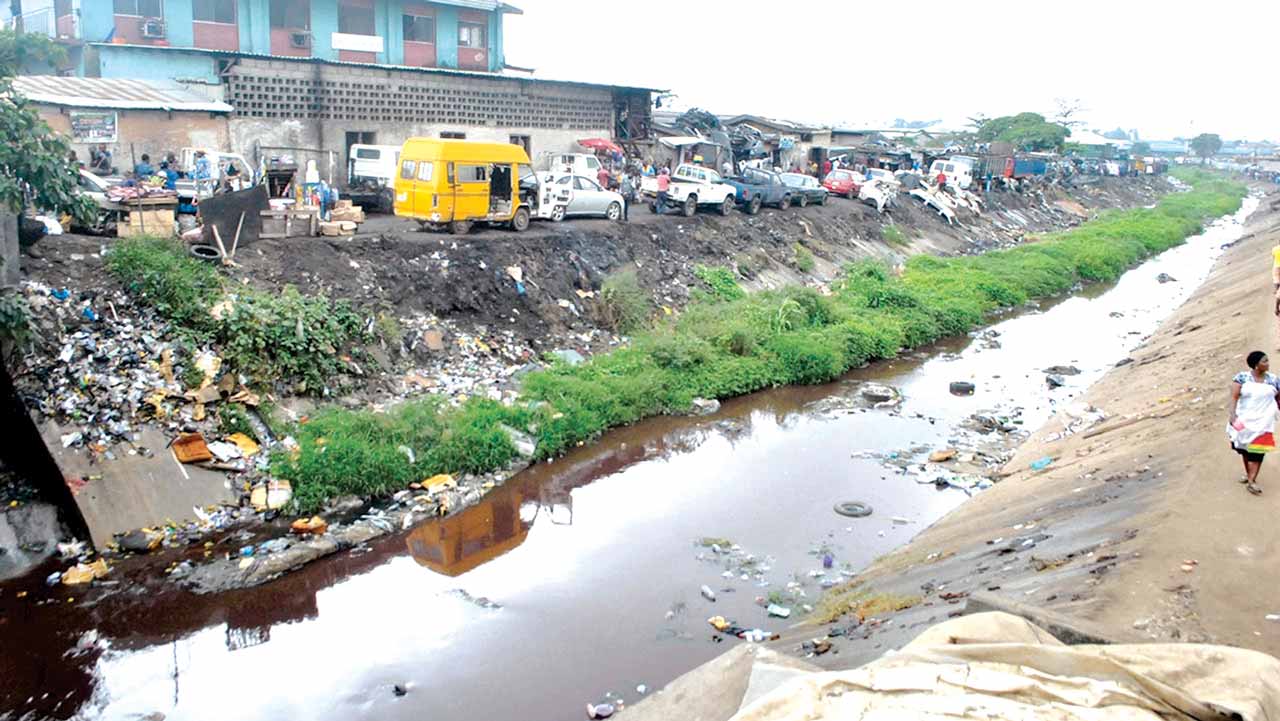An overgrown canal by the market