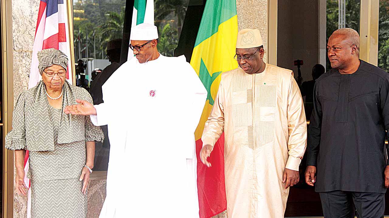 Liberia President Ellen Sirleaf Johnson (left), President Muhammadu Buhari, President Macky Sall of Senegal and former Ghanaian President John Mahama at the special ECOWAS summit on The Gambia at the State House, Abuja…yesterday      PHOTO: PHILIP OJISUA