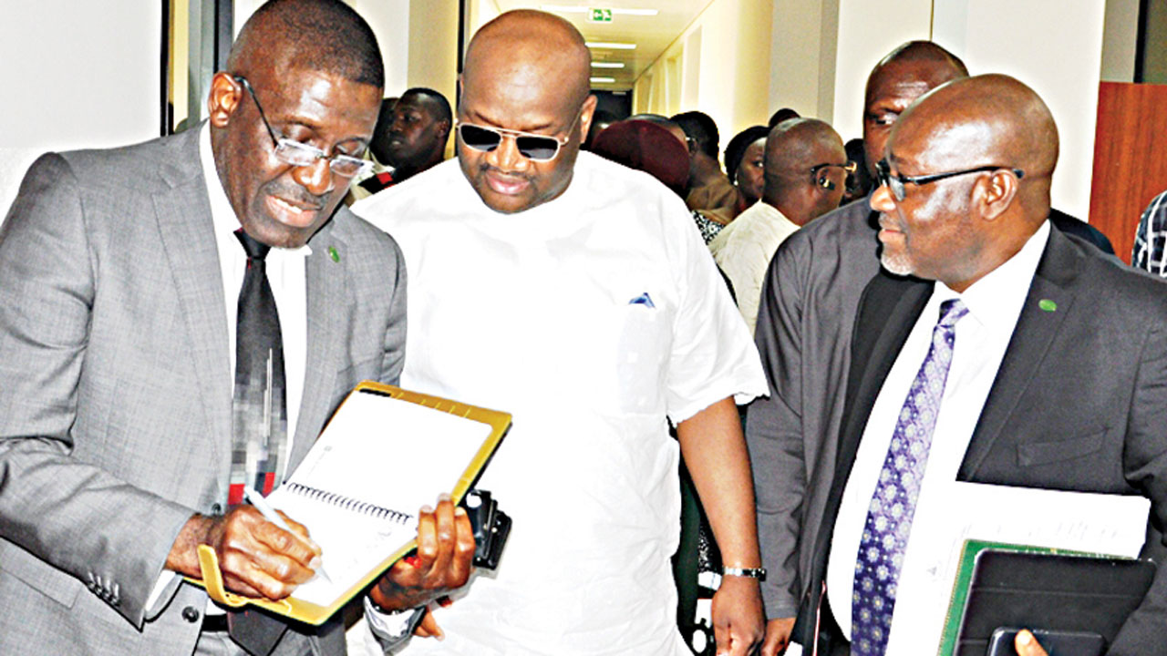Acting Managing Director, Bank of Industry (BoI), Waheed Olagunju (left); Chairman, Ad hoc Committee on Investigation on the Activities of the Federally Owned Development Financial Institutions, Emeka Anohu and Executive Director, Corporate Services and Commercial, BoI, Jonathan Tobin during an interactive session in Abuja …yesterday. PHOTO: LUCY LADIDI ELUKPO 