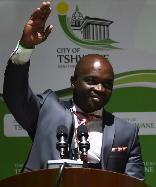 Solly Msimanga of the D.A waves to his suppoters after being officially installed as the new mayor for the City of Tshwane, South Africa