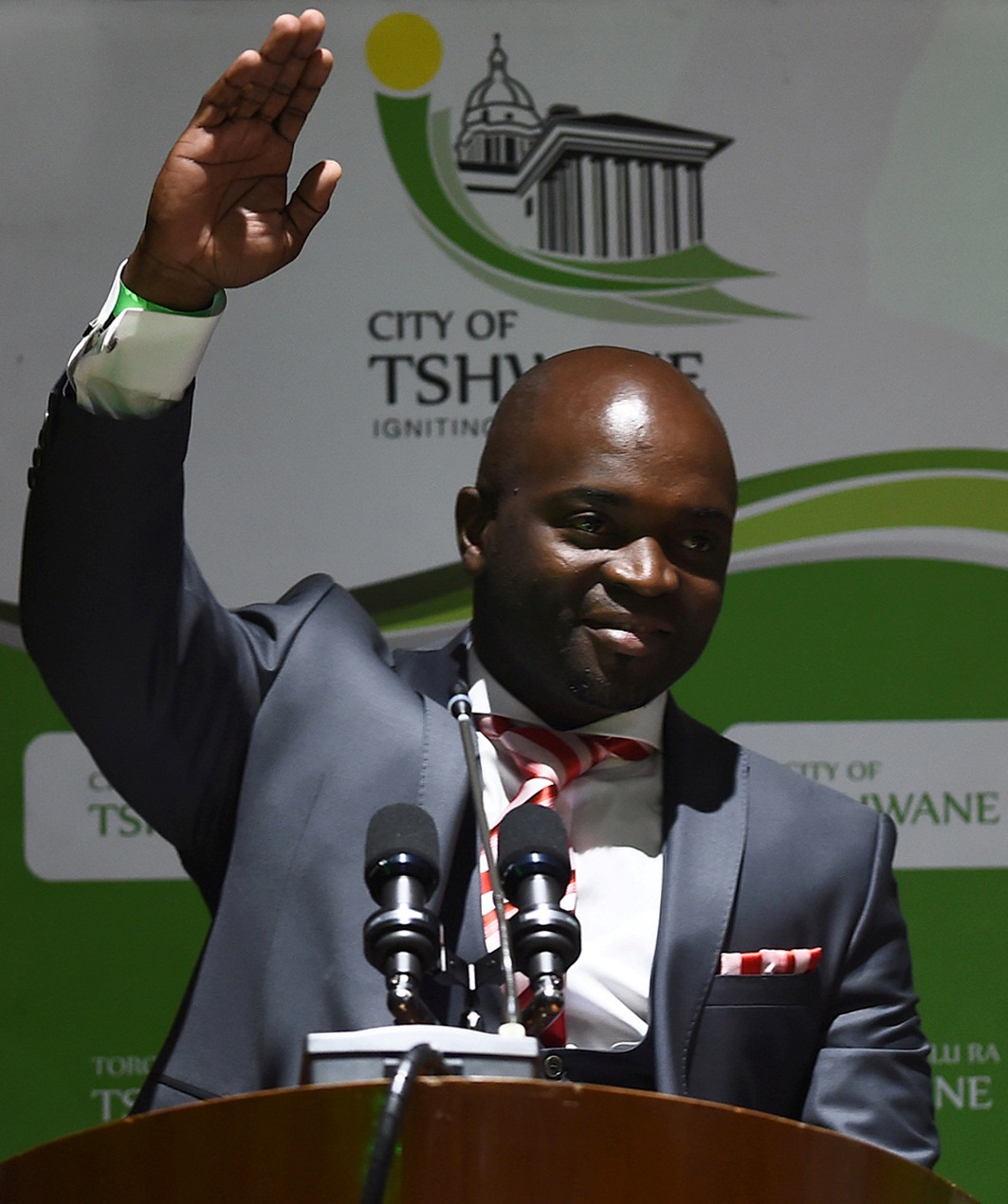 Solly Msimanga of the D.A waves to his suppoters after being officially installed as the new mayor for the City of Tshwane, South Africa