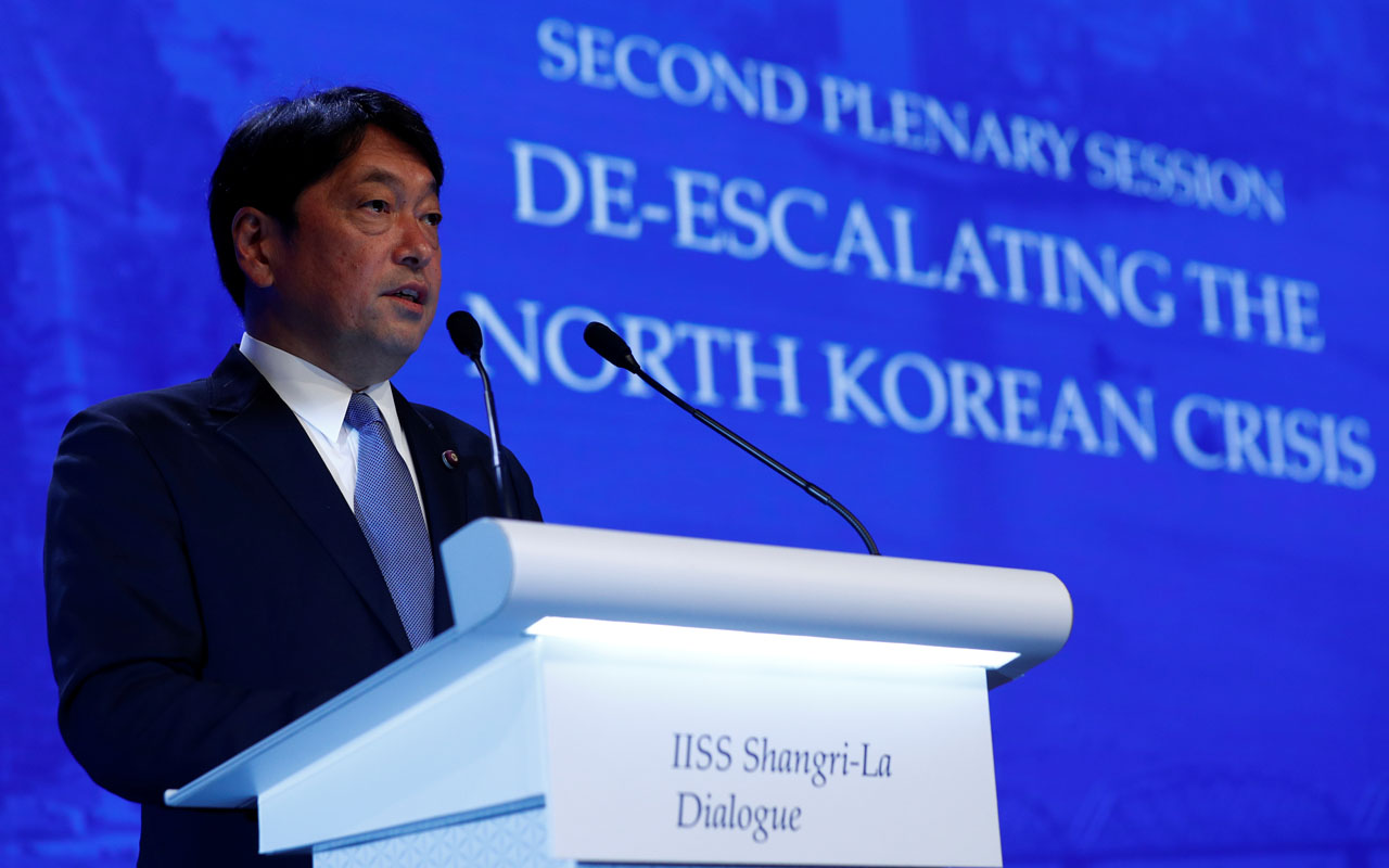 Japan’s Defence Minister Itsunori Onodera speaks at the IISS Shangri-la Dialogue in Singapore