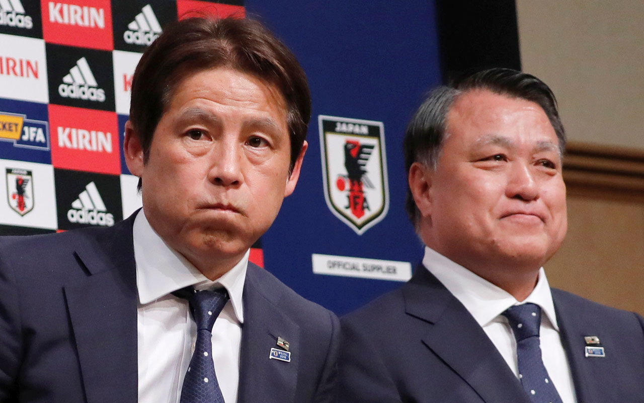 Japan’s national soccer team’s head coach Akira Nishino attends a news conference to announce his 23-man squad for the Russia 2018 World Cup with JFA President Kozo Tashima in Tokyo