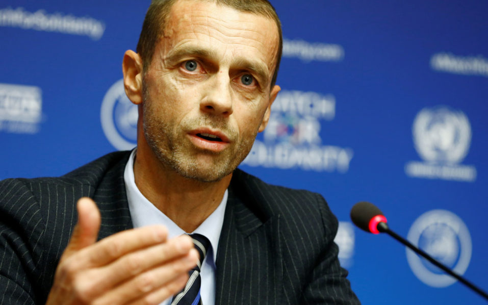 UEFA President Aleksander Ceferin speaks during a news conference about a charity football match at the U.N. headquarters in Geneva