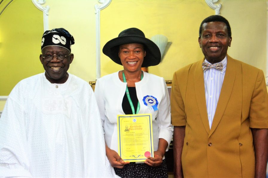 Asiwaju Tinubu, Pastor Remi Tinubu and G.O RCCG, E.A Adeboye. Photo Freedom Online