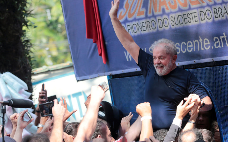 FILE PHOTO: Former Brazilian President Luiz Inacio Lula da Silva is carried by supporters in front of the metallurgic trade union in Sao Bernardo do Campo
