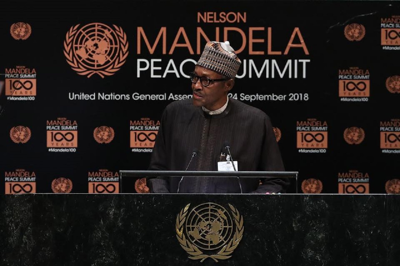 Nigerian President Muhammadu Buhari addressing members states of United Nations General Assembly at Nelson Mandela Peace Summit in New York