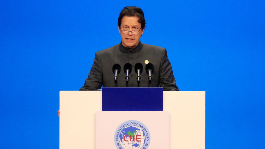 Pakistani Prime Minister Imran Khan speaks at the opening ceremony for the first China International Import Expo (CIIE) in Shanghai