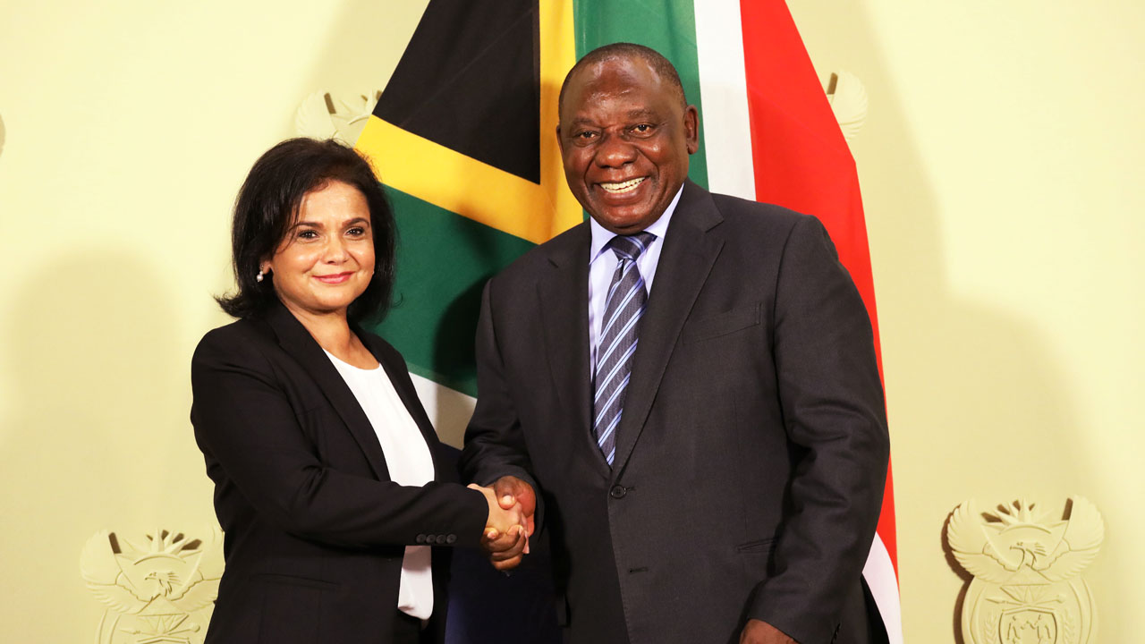 Shamila Batohi is congratulated by President Cyril Ramaphosa after being named the country’s new chief prosecutor, at the Union building in Pretoria