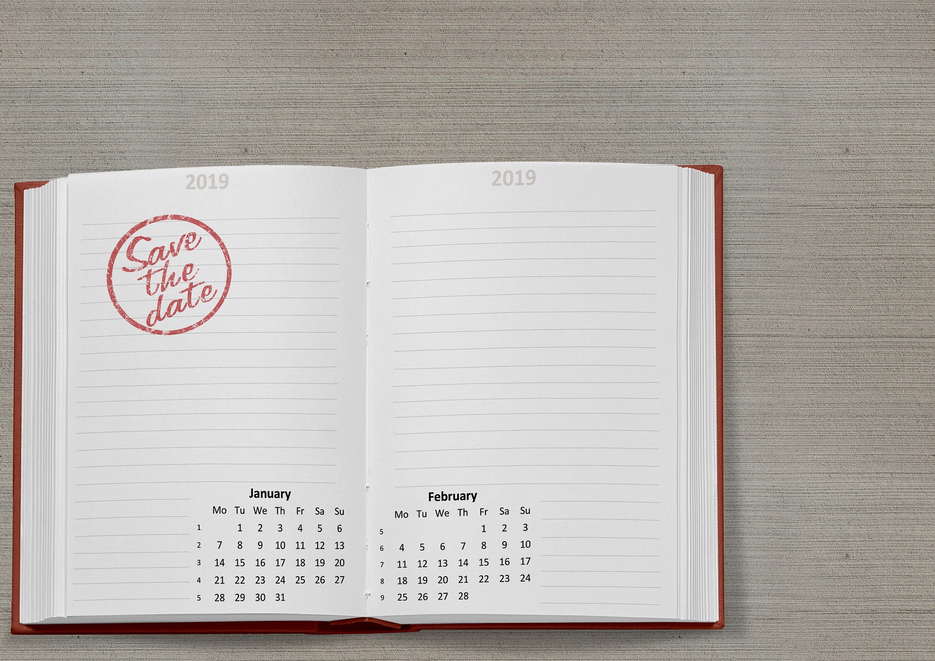 A diary showing 2019 calendar