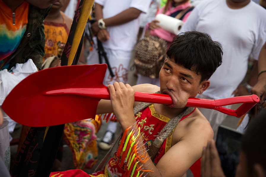 A man celebrating Phuket Vegetarian Festival. Photo ARY News