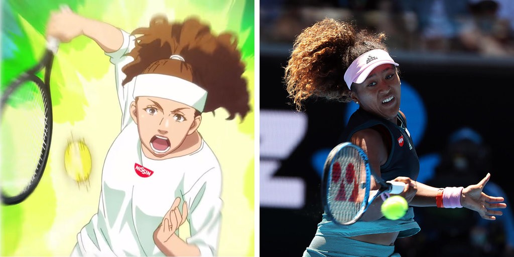 At left, a cartoon version of Naomi Osaka in an ad for Nissin, a Japanese instant-noodle brand; at right, the real Ms. Osaka at the Australian Open this month.