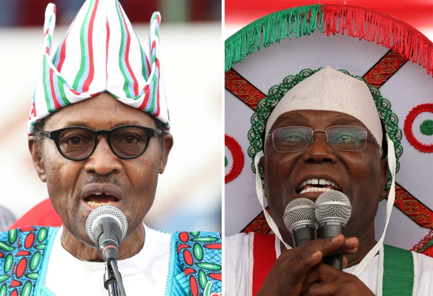 A combo picture shows Nigeria’s President Muhammadu Buhari and main opposition party presidential candidate Atiku Abubakar addressing supporters during campaign rallies ahead of the country’s presidential election in Lagos