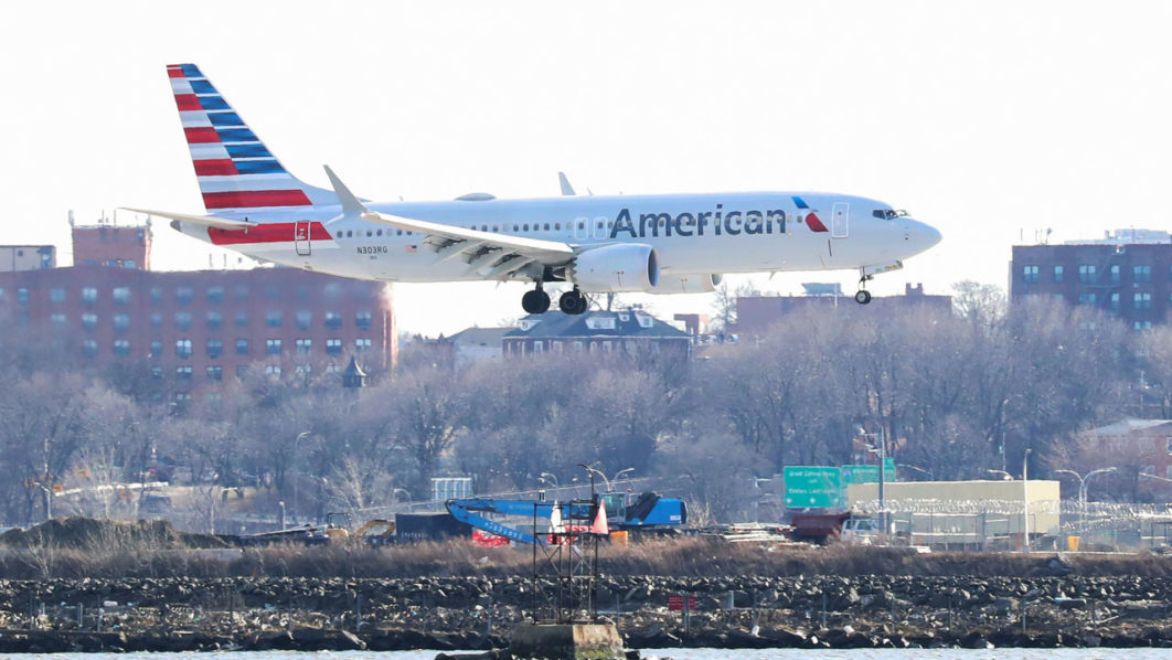 An American Airlines Boeing 737 Max 8, on a flight from Miami to New York City, comes in for landing at LaGuardia Airport in New York