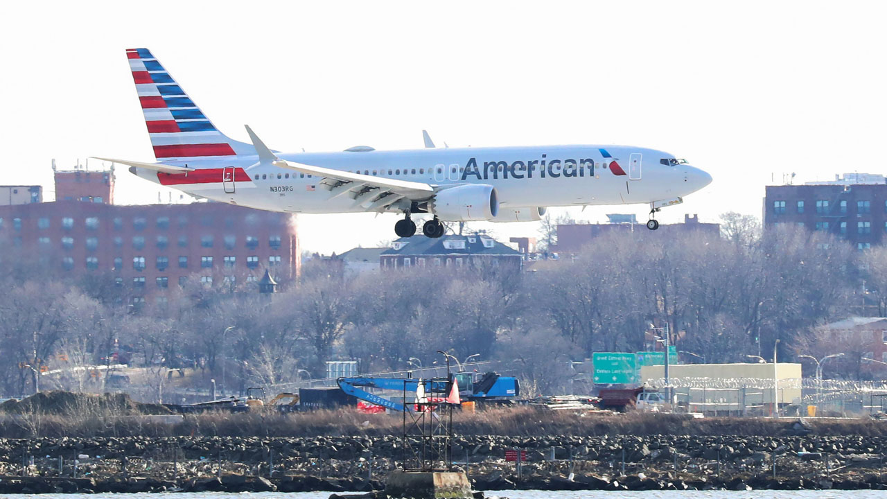An American Airlines Boeing 737 Max 8, on a flight from Miami to New York City, comes in for landing at LaGuardia Airport in New York