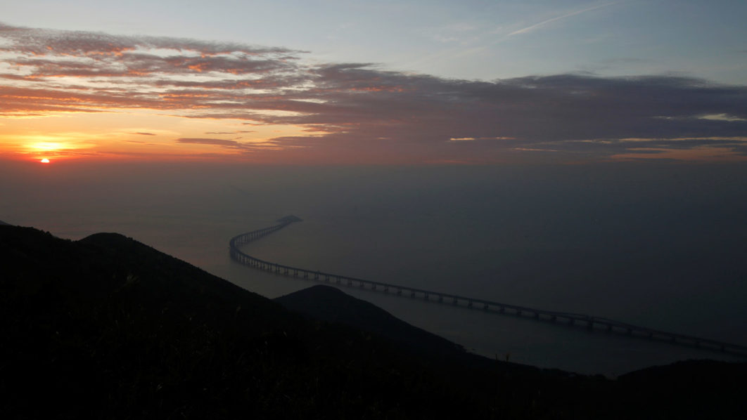 A sunset view of the Hong Kong-Zhuhai-Macau bridge off Lantau island in Hong Kong