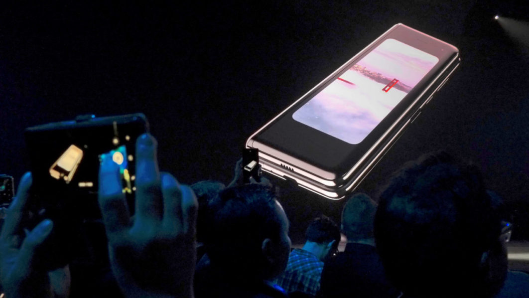 The Samsung Galaxy Fold phone is shown on a screen at Samsung Electronics Co Ltd’s Unpacked event in San Francisco