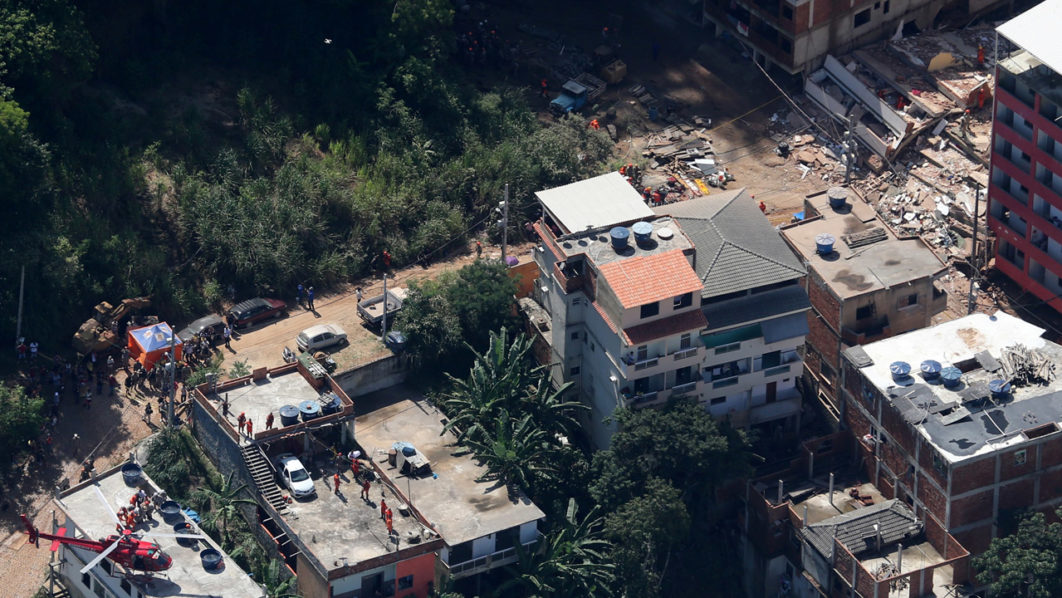 An aerial view of two buildings collapsed in Muzema community, Rio de Janeiro