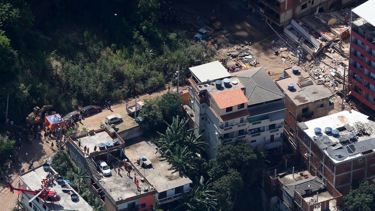 An aerial view of two buildings collapsed in Muzema community, Rio de Janeiro