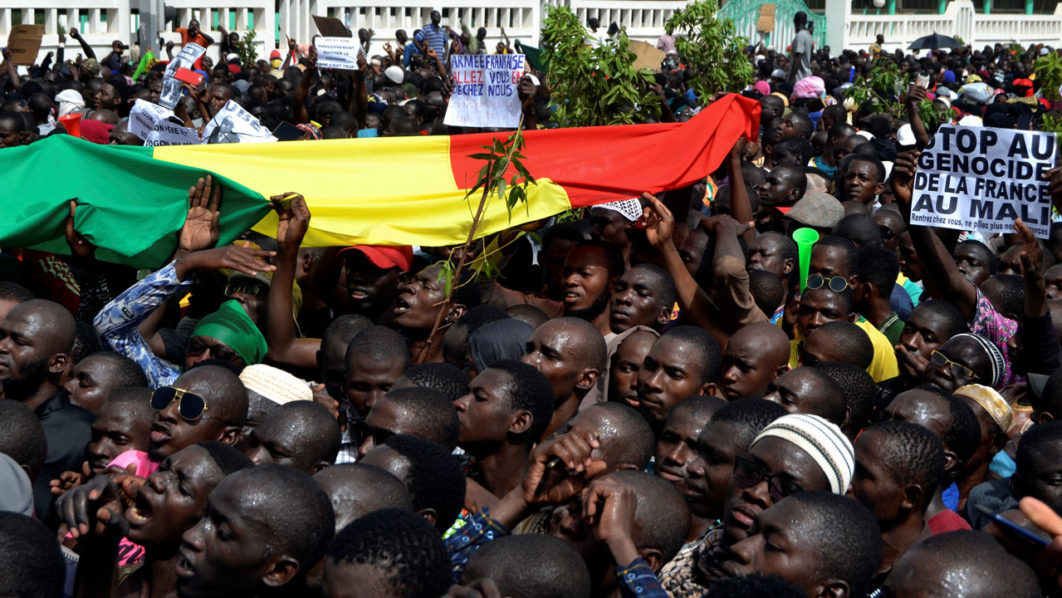 People take part in a rally to protest against the failure of the government and international peacekeepers to stem rising ethnic and jihadist violence, in the Malian capital of Bamako