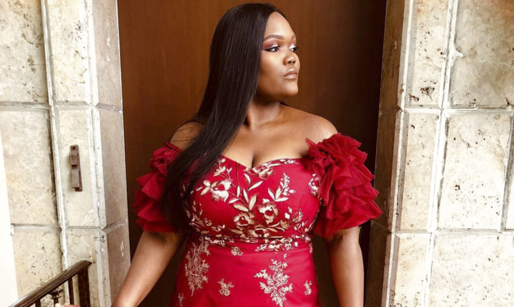 Princess Adefolami wearing a custom red dress with frill design, Photo. Instagram