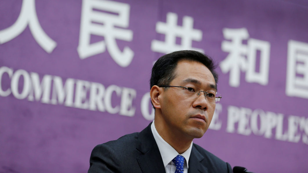 China’s Ministry of Commerce spokesperson Gao Feng attends a news conference at the commerce ministry in Beijing