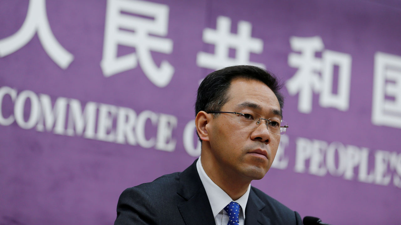 China’s Ministry of Commerce spokesperson Gao Feng attends a news conference at the commerce ministry in Beijing