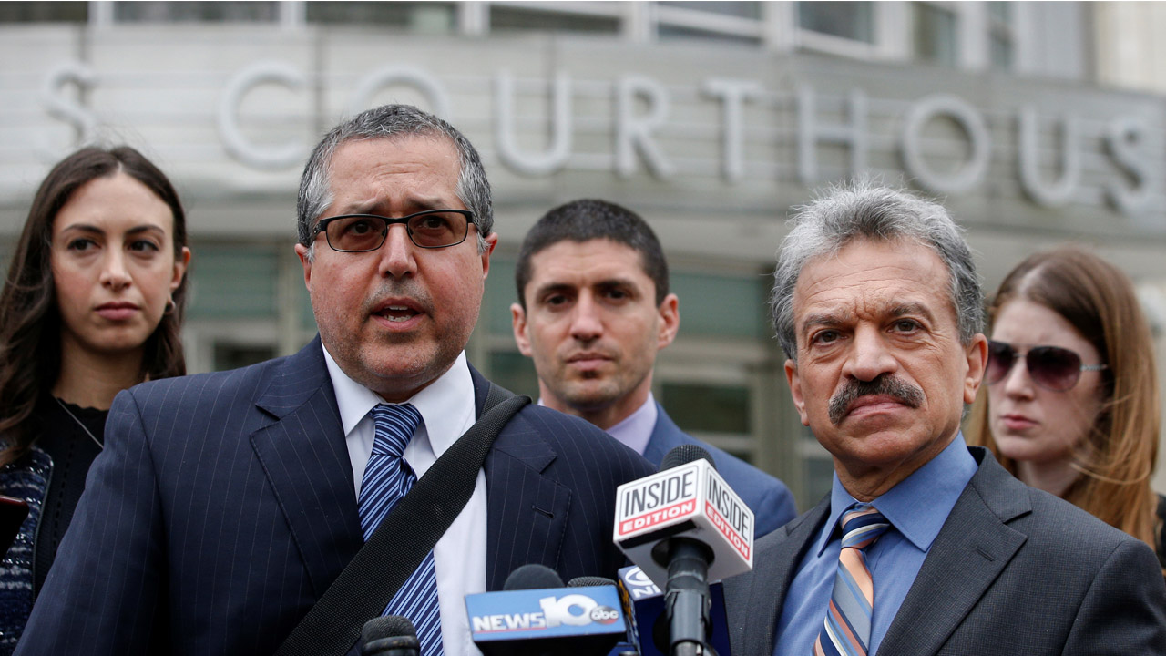 Attorneys representing Nxivm leader Keith Raniere, Marc Agnifilo and Paul DerOhannesian, speak during a news conferrence following a hearing at United States Federal Courthouse in Brooklyn, New York