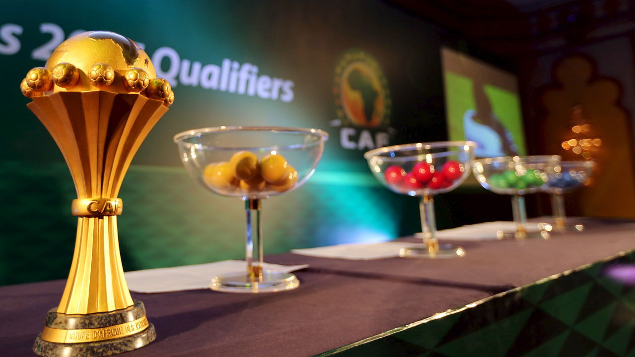The African Cup of Nations trophy sits on display during an event to announce the host nation of the 2017 tournament and qualifiers draw, in Cairo