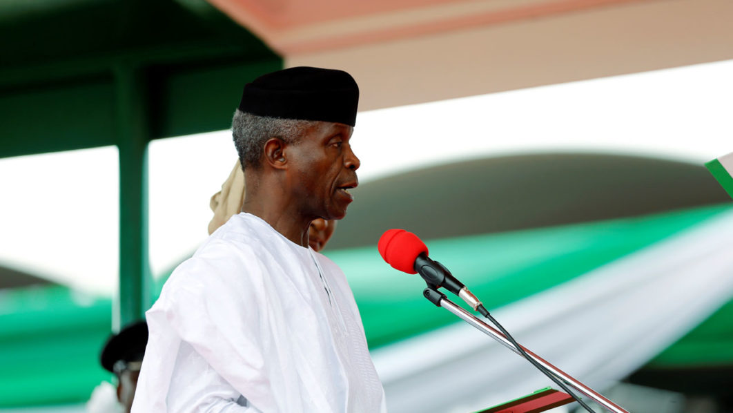 Nigerian Vice-President Yemi Osinbajo speaks during the swearing-in ceremony at the presidential inauguration in Abuja