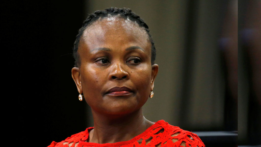 Public Protector Busisiwe Mkhwebane listens during a briefing at Parliament in Cape Town